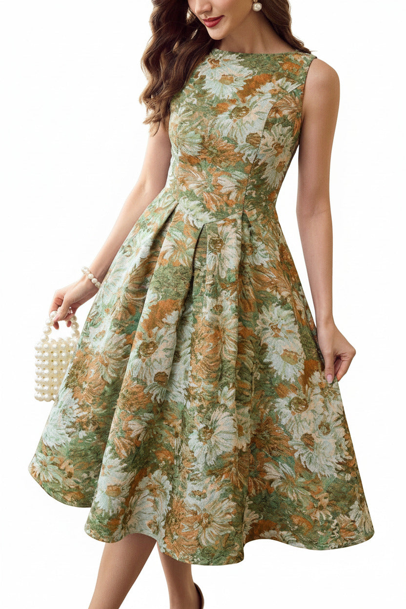 Model posing in an elegant high-waisted oil painting print vintage midi dress