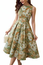 Model posing in an elegant high-waisted oil painting print vintage midi dress