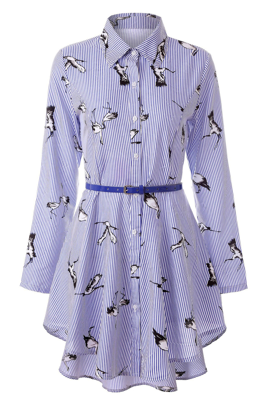 Full length shot of a button-down striped cotton shirt dress styled with a thin waist belt