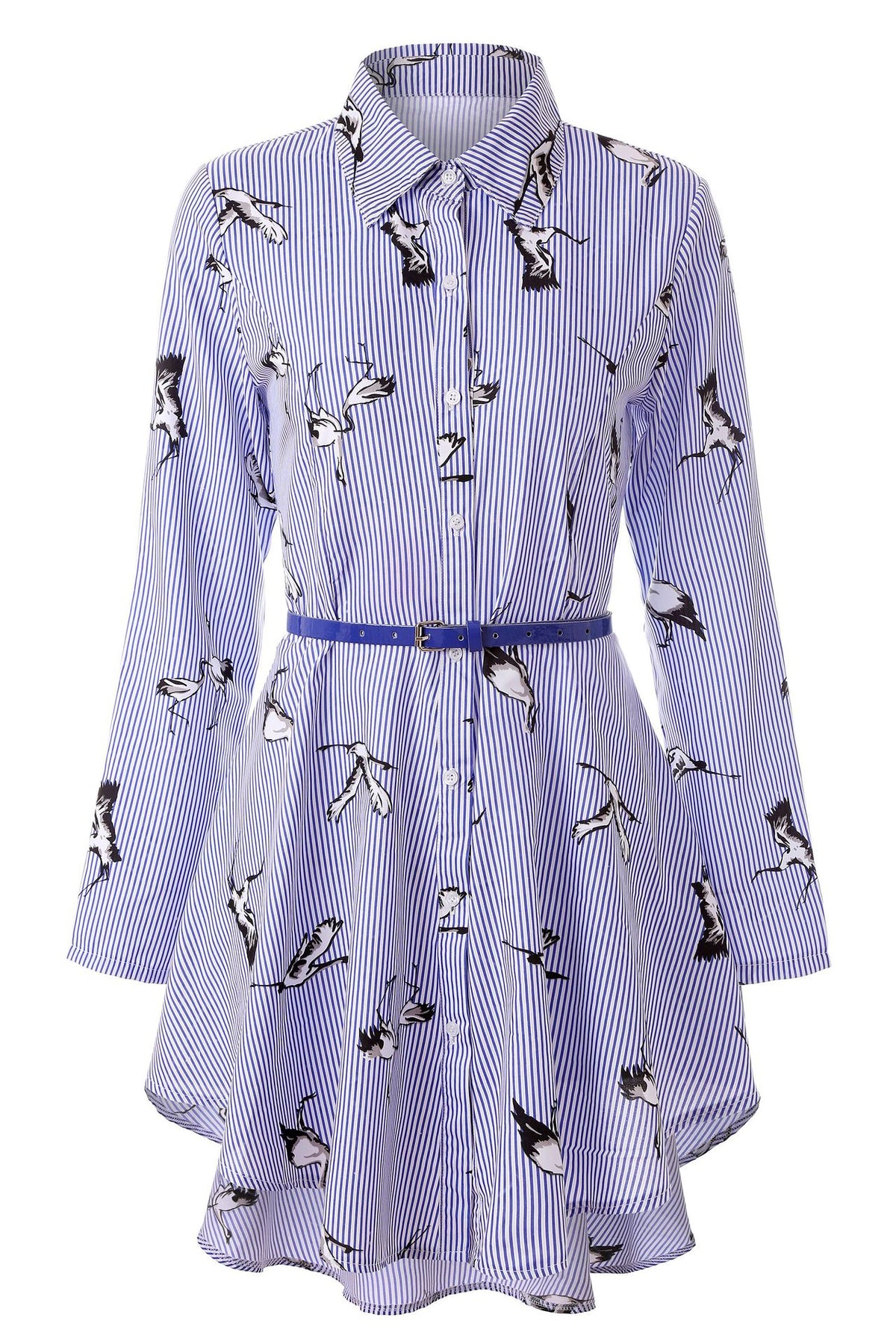 Full length shot of a button-down striped cotton shirt dress styled with a thin waist belt