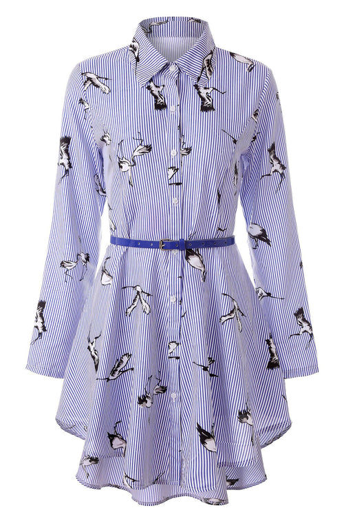 Full length shot of a button-down striped cotton shirt dress styled with a thin waist belt