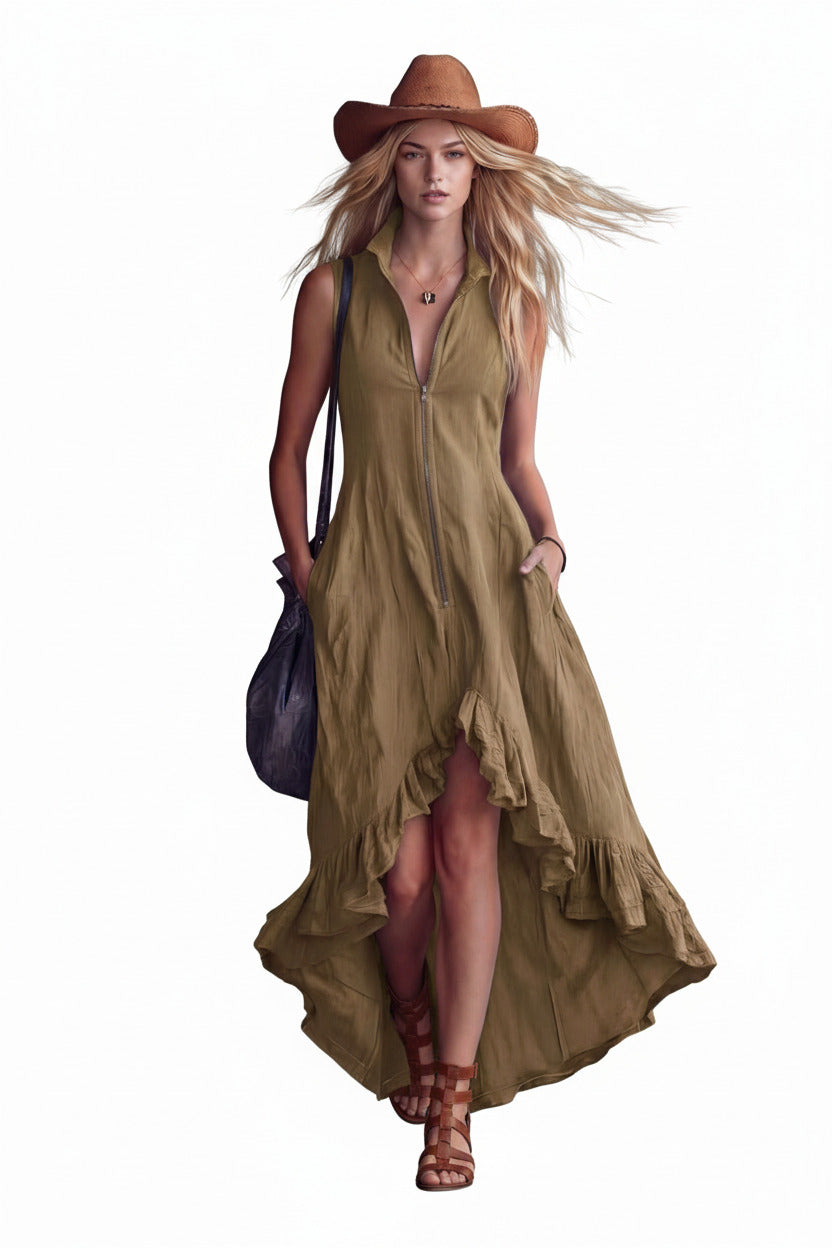 Full length shot of a sleeveless green high low ruffle dress with pockets