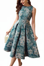 Full length photo of a high-waisted French retro floral dress with a pleated flare skirt