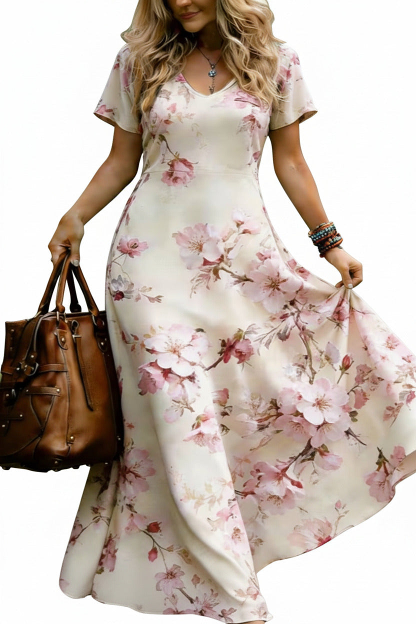 Full length shot of a loose fit short sleeve sunflower print long dress