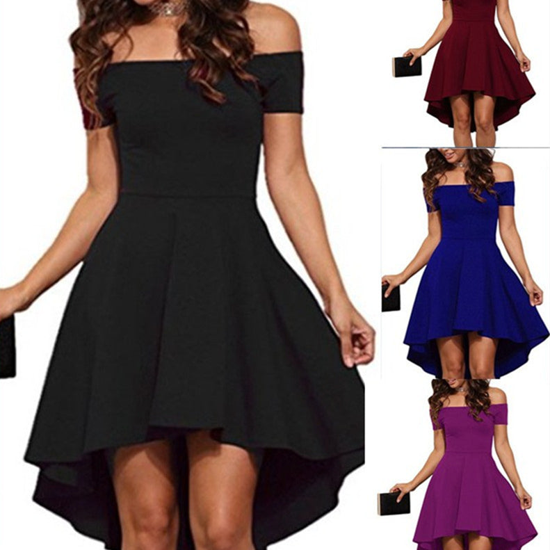 Model holding a clutch wearing a short sleeve off-the-shoulder party dress