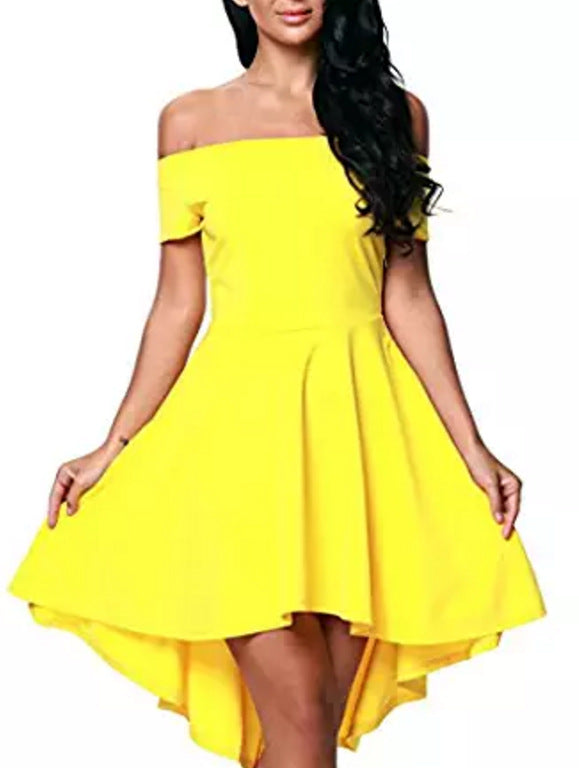 Back view showing the flowing long hem on a women's high-low cocktail dress