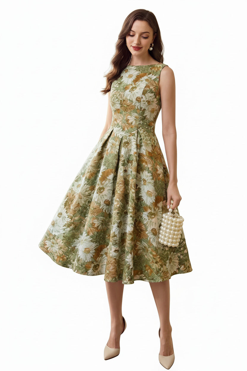 Back view showing the sleeveless cut and high-waisted structure of a vintage midi dress