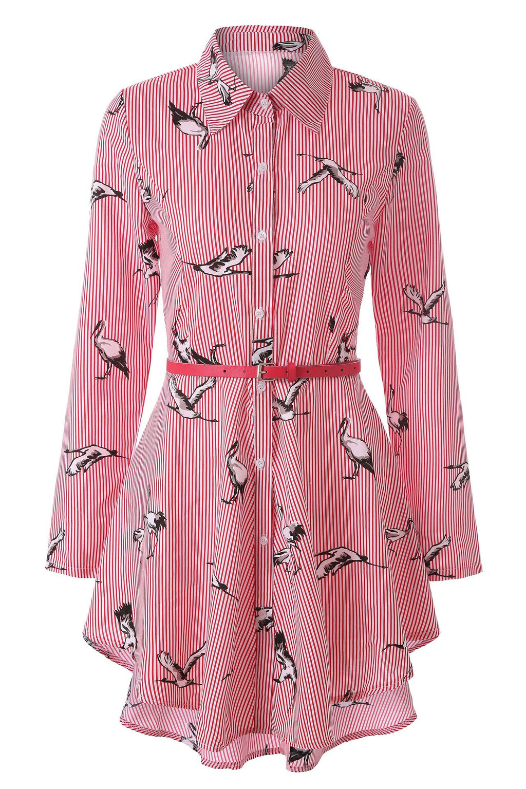 Back view showing the flowing asymmetrical high-low hemline on a striped dress