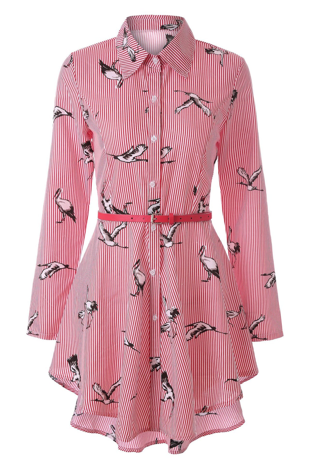 Back view showing the flowing asymmetrical high-low hemline on a striped dress