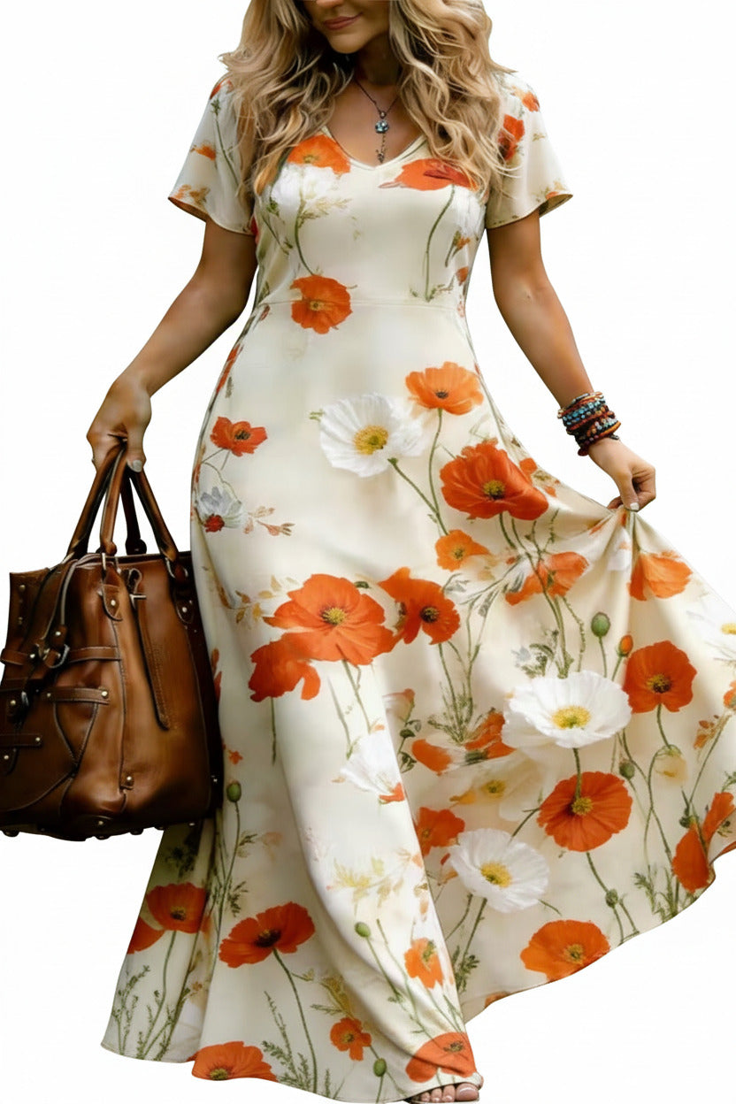 Outdoor lifestyle photo of a model in a bohemian sunflower floral sundress