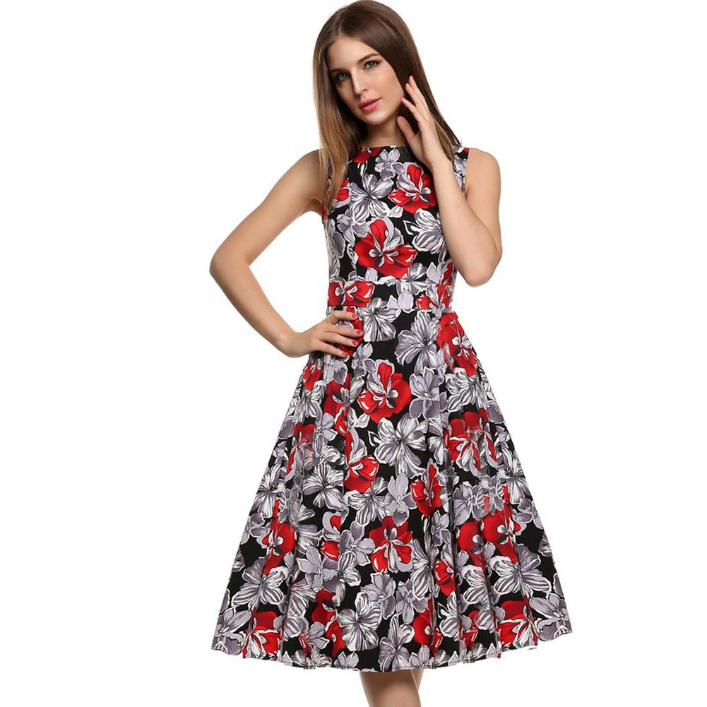 Front view of woman wearing a lily red vintage floral midi dress