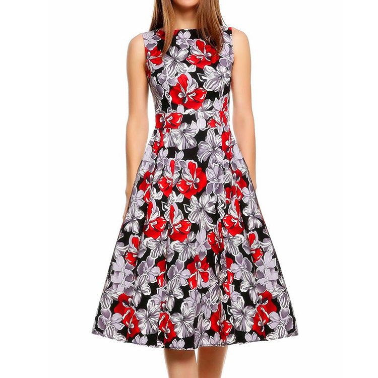 Size chart graphic for women's vintage floral A-line midi dress