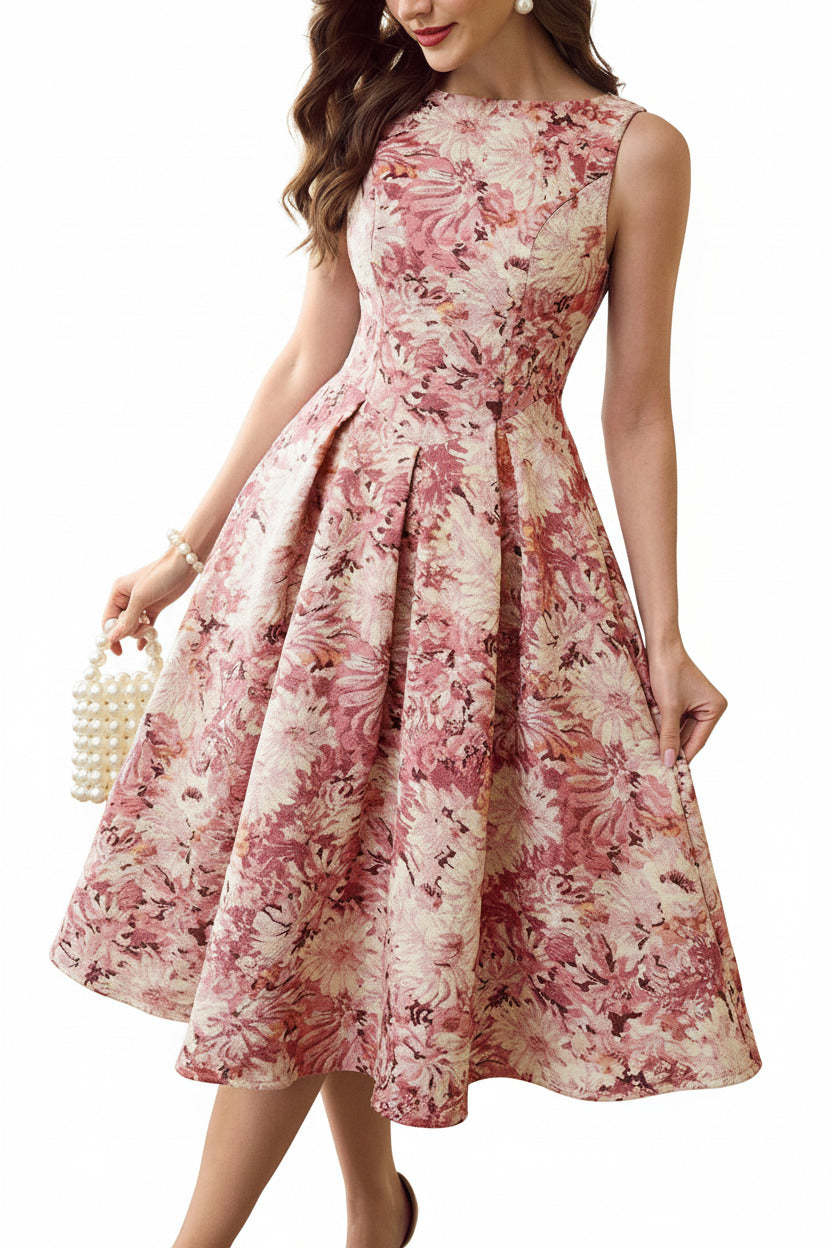 Side profile of a woman wearing a sleeveless French style artistic floral party dress