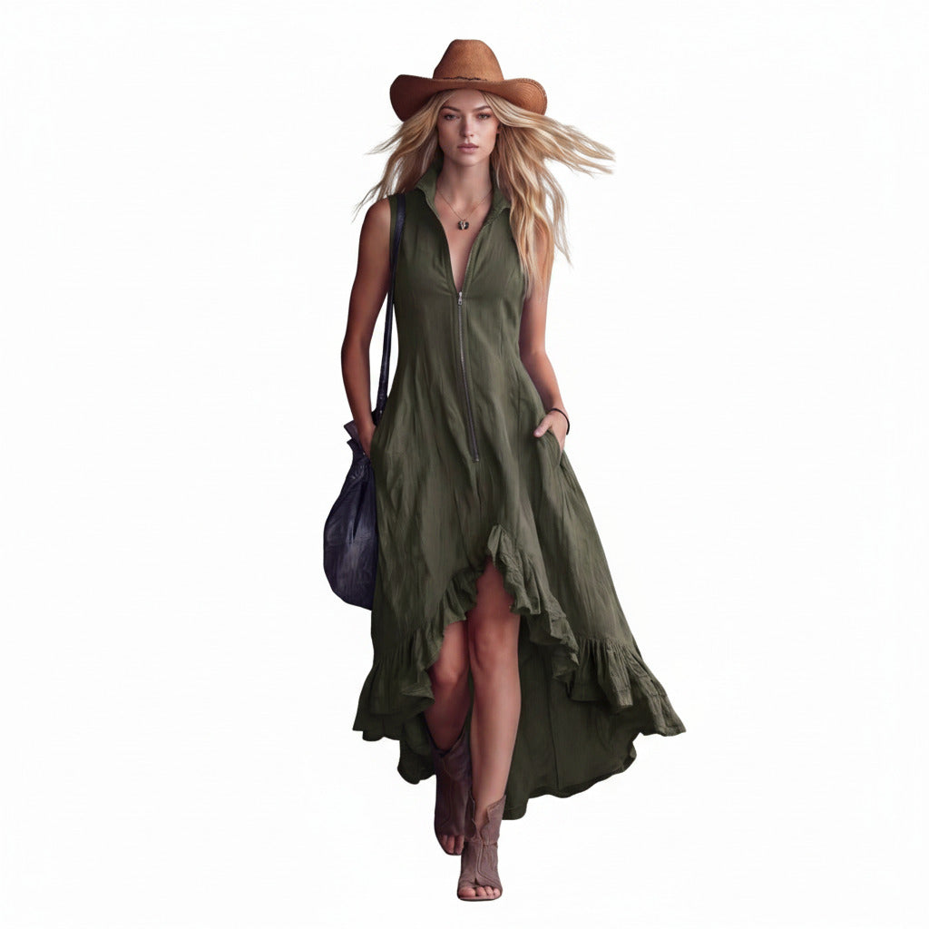 Front view of a woman wearing a green vintage lapel zipper ruffle hem maxi dress