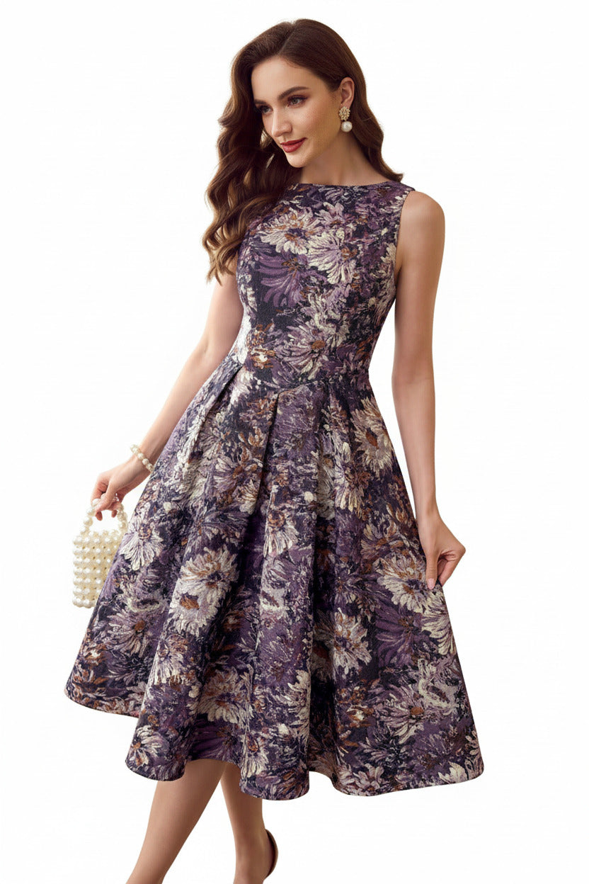 Front view of a woman wearing a purple vintage oil painting print sleeveless midi dress